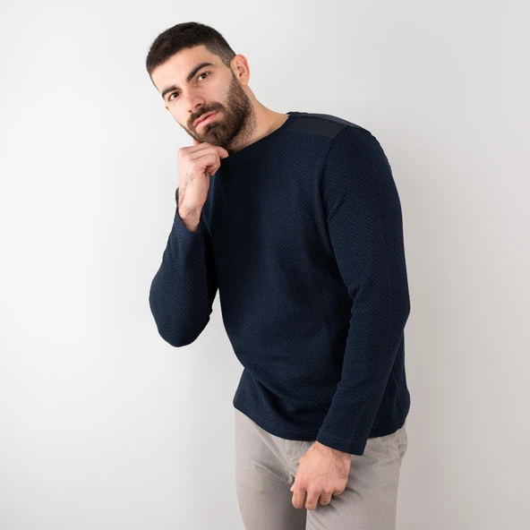 Likralı Erkek Lacivert Sweatshirt - Resim 4
