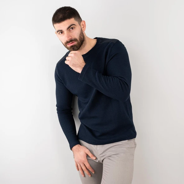 Likralı Erkek Lacivert Sweatshirt - Resim 3