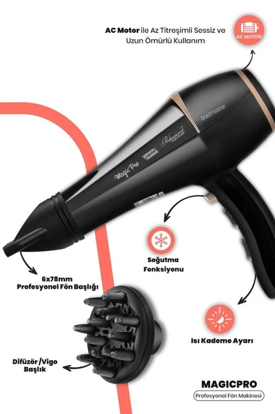 Goldmaster Magic Pro 2400 Watt Ac Motor Profesyonel 6X78 Mm Kuaför Saç Kurutma Ve Fön Makinesi ürün görseli 1