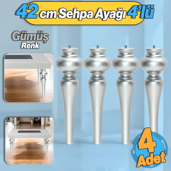 Damla Plastik 4 Adet Sehpa Ayağı 42 cm Gümüş Orta Sehpası Ayak Zigon Sehpa Mobilya Ayakları Gri ürün görseli 1