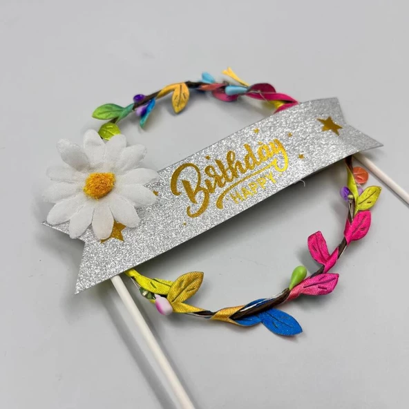 Lüks Pasta Üstü Çubuklu Happy Bırthday Yapraklı Işıklı Renkli  21 cm ürün görseli 1