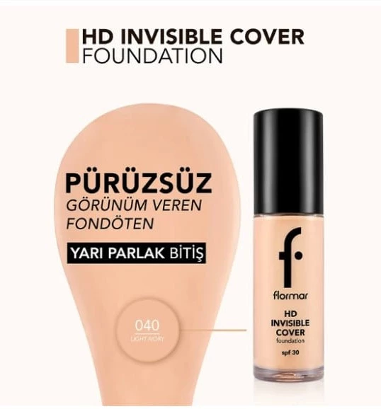 Flormar Invisible Cover HD Foundation 040 Light Ivory - Resim 3