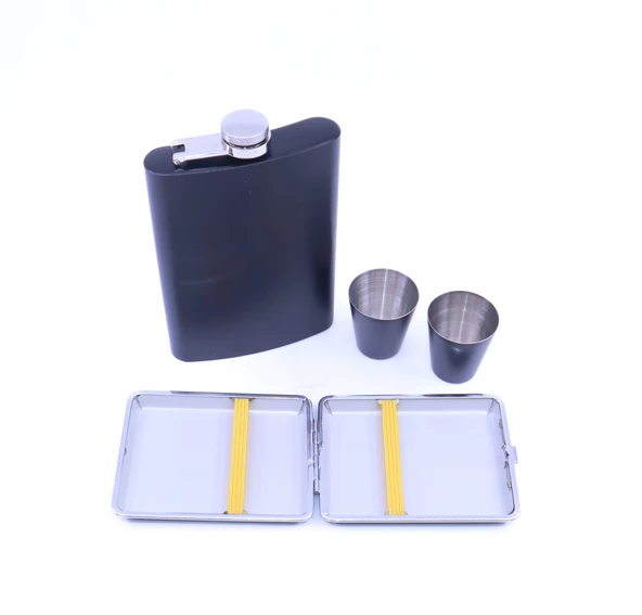 Paslanmaz Çelik Matara Seti - İki Shot Bardağı Tabaka Set - Resim 3