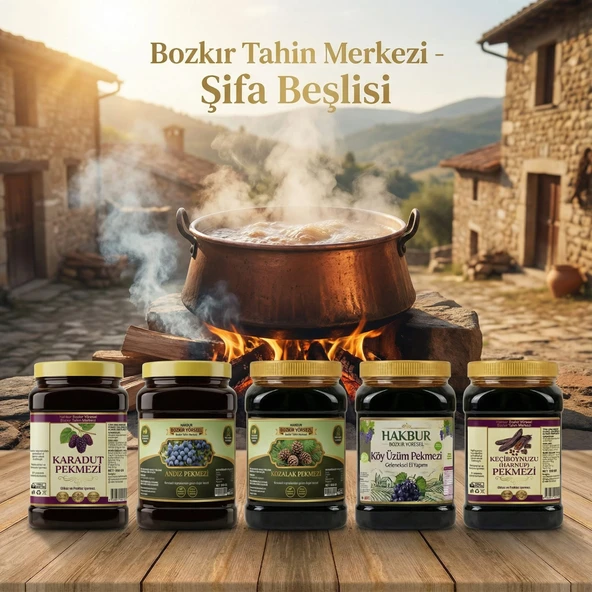 Sağlık Beşlisi Paketi & (Bozkır Tahin Merkezi Sağlık Beşlisi) ÜZÜM, KARADUT, KEÇİBOYNUZ, ANDIZ, KOZALAK PEKMEZİ ) Net 4750 gr ürün görseli 1