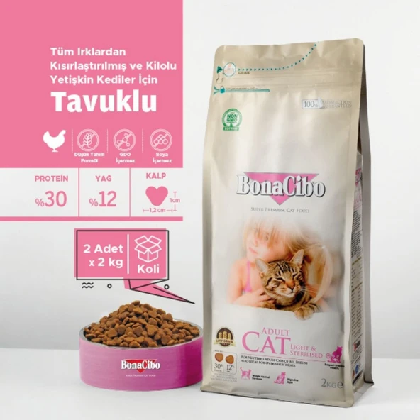 Bonacibo Adult Cat Light-Sterilised 2 Kg X 2 Li - Kısırlaştırılmış Kediler İçin Yetişkin Kedi Maması ürün görseli 1