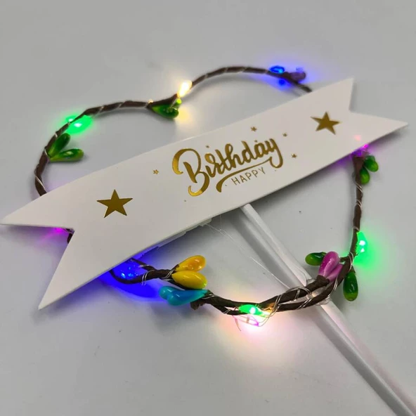 Lüks Pasta Üstü Çubuklu Happy Bırthday Kalp Desenli Cipsolu Işıklı 21 cm ürün görseli 1