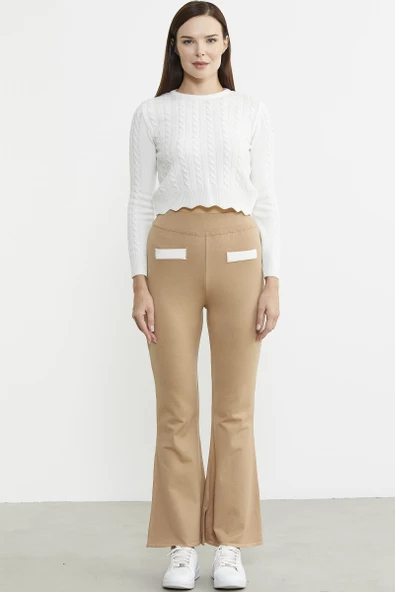 İspanyol Paça Yırtmaçlı Triko Pantolon - Bej - Resim 2