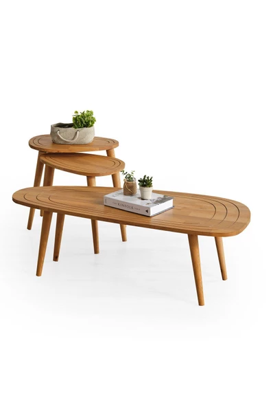 Sweet Masif Doğal Ahşap Orta Sehpa Ve 2'li Zigon Sehpa Set, Modern Masif Yan Ve Orta Sehpa Set ürün görseli 1