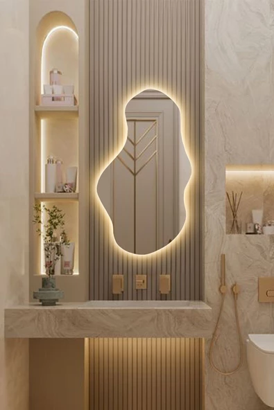Led Işıklı Asimetrik Model Dekoratif Duvar Aynası, Modern Eşsiz Ayna, Ayna Duvar Dekorasyon Ürünü ürün görseli 1