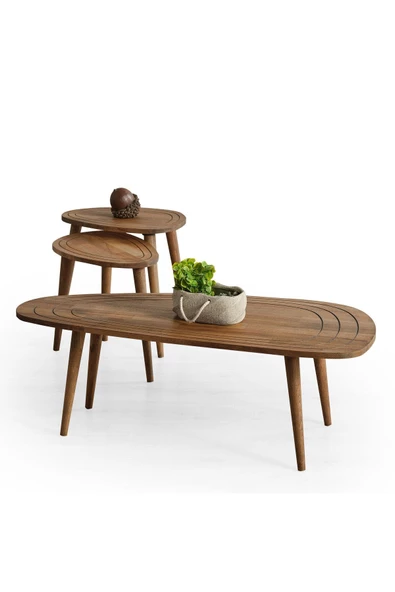 Sweet Masif Doğal Ahşap Orta Sehpa Ve 2'li Zigon Sehpa Set, Modern Masif Yan Ve Orta Sehpa Set ürün görseli 1