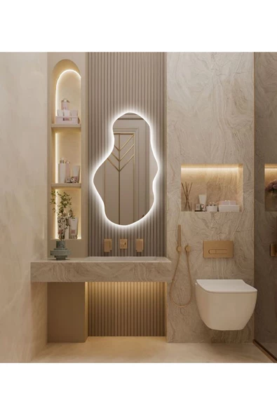 Led Işıklı Asimetrik Model Dekoratif Duvar Aynası, Modern Eşsiz Ayna, Ayna Duvar Dekorasyon Ürünü ürün görseli 1