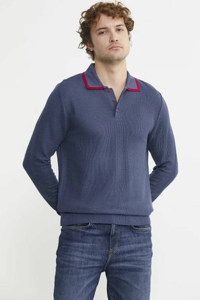 Polo Yaka Düğmeli Triko Kazak - Indigo - Resim 3