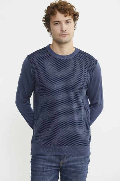 Sıfır Yaka Jakarlı Regular Fit Triko Kazak - Indigo ürün görseli 1
