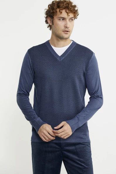 Regular Fit Jakarlı Yünlü Triko Kazak - Indigo - Resim 3