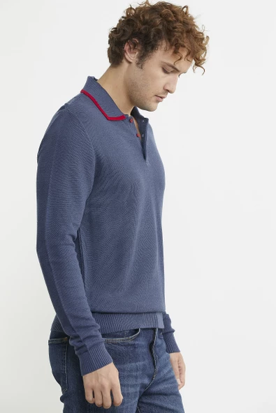 Polo Yaka Düğmeli Triko Kazak - Indigo - Resim 5