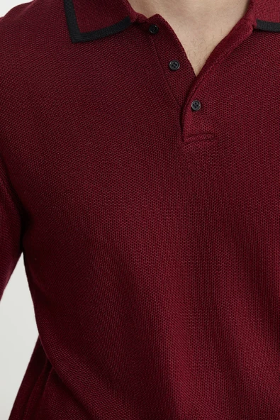 Polo Yaka Düğmeli Triko Kazak - Bordo - Resim 5
