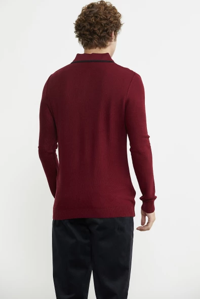 Polo Yaka Düğmeli Triko Kazak - Bordo - Resim 6