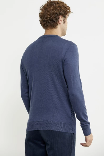 Regular Fit Jakarlı Yünlü Triko Kazak - Indigo - Resim 5