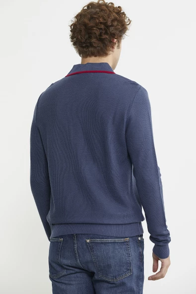 Polo Yaka Düğmeli Triko Kazak - Indigo - Resim 6