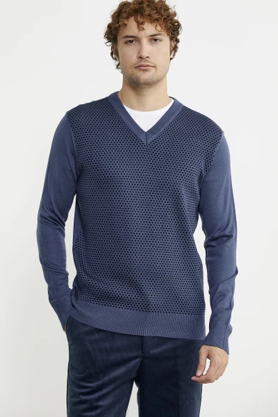 Regular Fit Jakarlı Yünlü Triko Kazak - Indigo ürün görseli 1