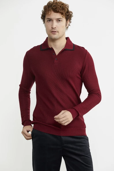 Polo Yaka Düğmeli Triko Kazak - Bordo - Resim 3
