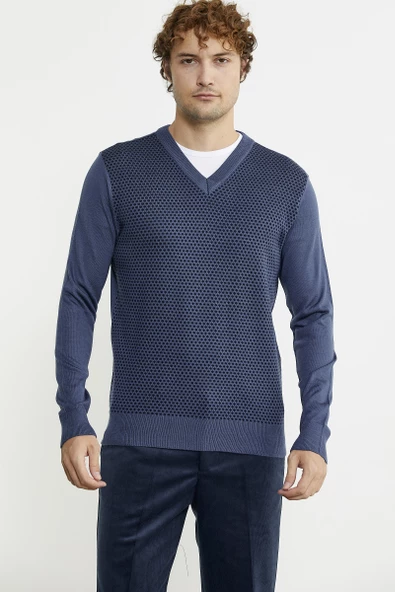 Regular Fit Jakarlı Yünlü Triko Kazak - Indigo - Resim 2