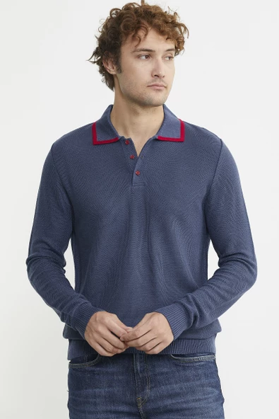 Polo Yaka Düğmeli Triko Kazak - Indigo - Resim 4