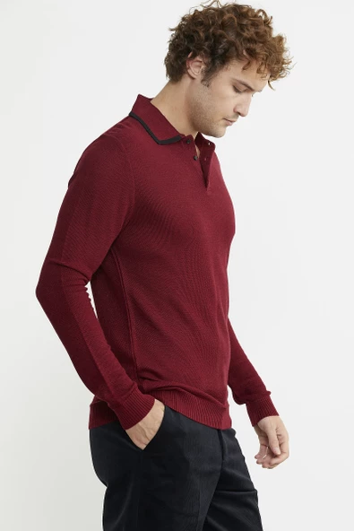 Polo Yaka Düğmeli Triko Kazak - Bordo - Resim 4