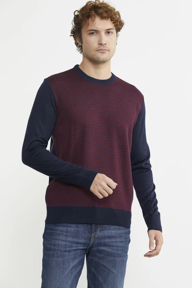 Sıfır Yaka Jakarlı Regular Fit Triko Kazak - Lacivert ürün görseli 1