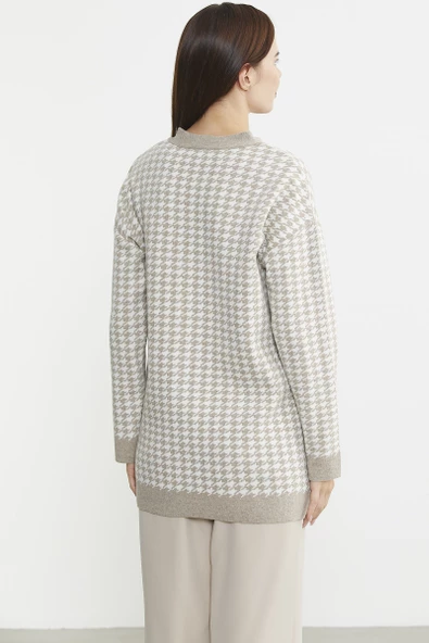 Kazayağı Motif Oversize Triko Ceket - Vizon - Resim 6