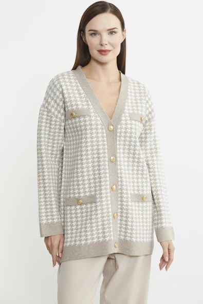 Kazayağı Motif Oversize Triko Ceket - Vizon ürün görseli 1