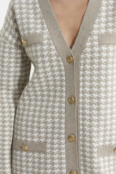 Kazayağı Motif Oversize Triko Ceket - Vizon - Resim 5