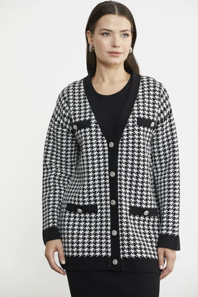 Kazayağı Motif Oversize Triko Ceket - Siyah ürün görseli 1