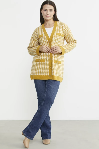 Kazayağı Motif Oversize Triko Ceket - Güneş - Resim 3