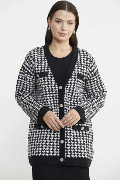 Kazayağı Motif Oversize Triko Ceket - Siyah - Resim 3