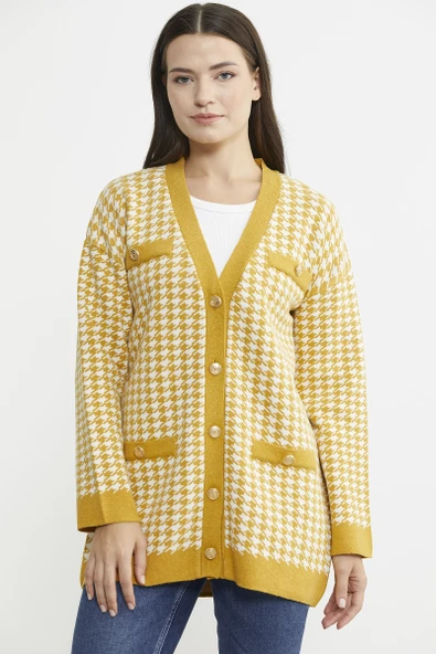 Kazayağı Motif Oversize Triko Ceket - Güneş - Resim 4