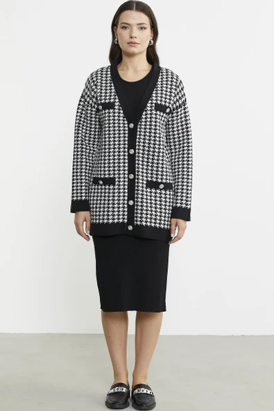 Kazayağı Motif Oversize Triko Ceket - Siyah - Resim 2