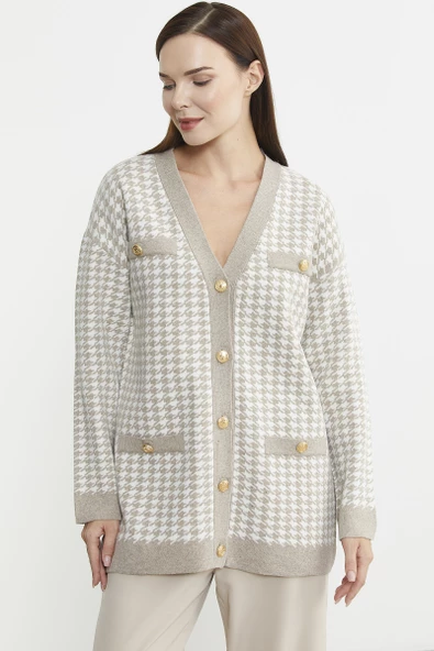 Kazayağı Motif Oversize Triko Ceket - Vizon - Resim 4