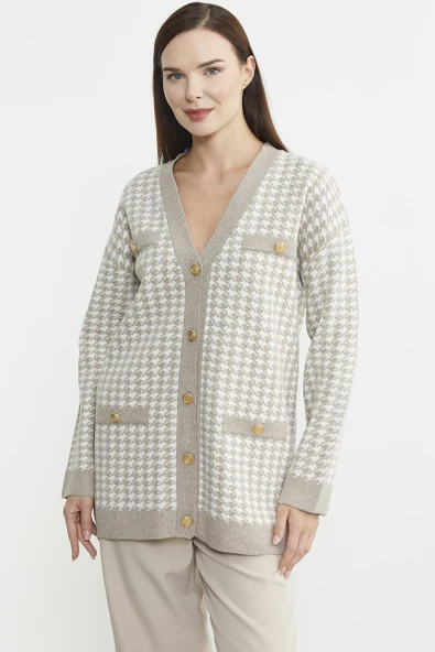 Kazayağı Motif Oversize Triko Ceket - Vizon - Resim 2