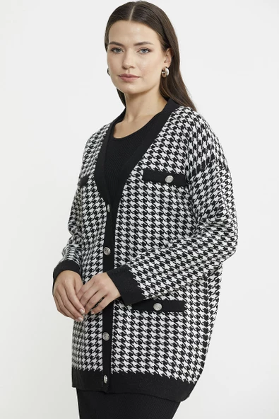 Kazayağı Motif Oversize Triko Ceket - Siyah - Resim 4