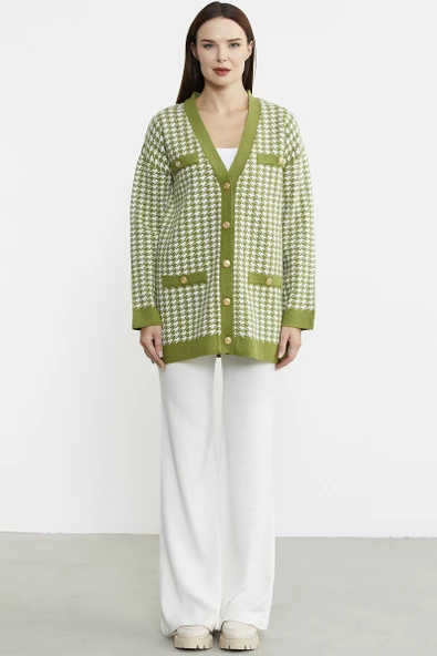 Kazayağı Motif Oversize Triko Ceket - Yeşil - Resim 3