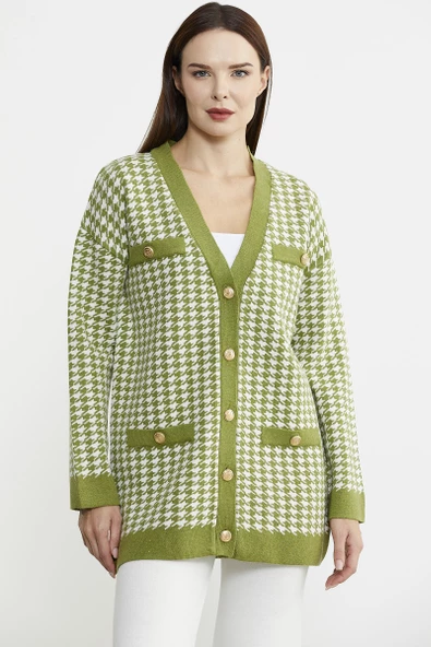 Kazayağı Motif Oversize Triko Ceket - Yeşil - Resim 4