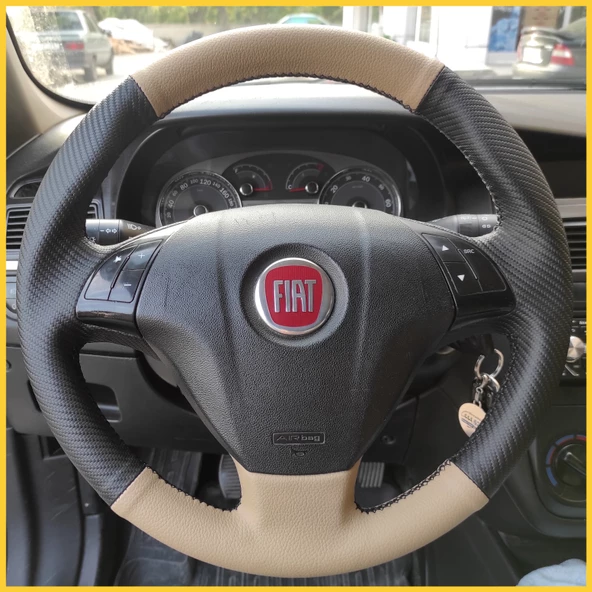 Fiat Linea Tuşlu Araca Özel Direksiyon Kılıfı (Karbon Krem) ürün görseli 1