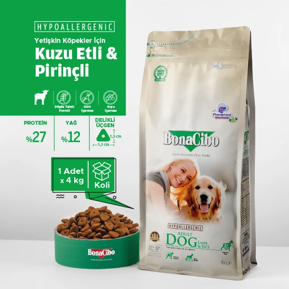 BonaCibo Adult Dog Lamb & Rice Hipoalerjenik Kuzulu Yetişkin Köpek Maması 4 kg ürün görseli 1