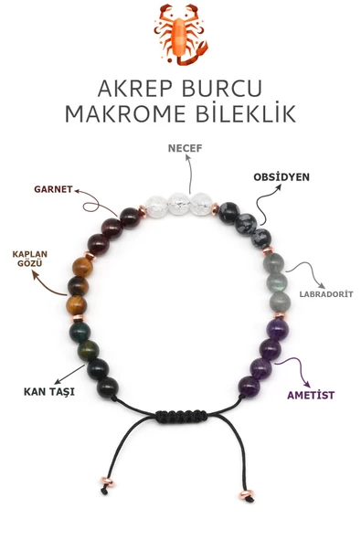 Akrep Burcu Taşlarından Oluşan Doğal Taş Makrome Bileklik 6 mm Küre Kesim - Burç Bilekliği ürün görseli 1
