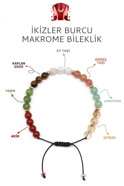 İkizler Burcu Taşlarından Oluşan Doğal Taş Makrome Bileklik 6 mm Küre Kesim - Burç Bilekliği ürün görseli 1