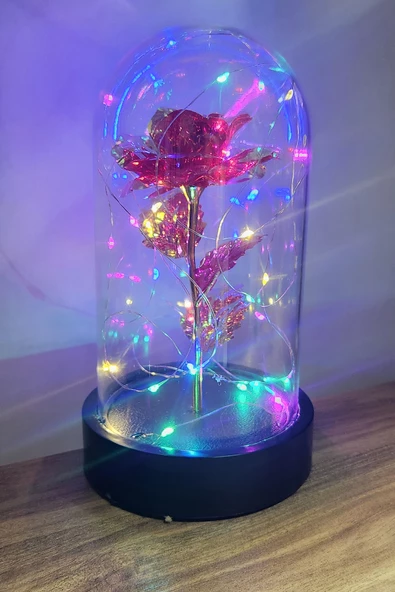 Siyah Tabanlı Led Işıklı Sevgililer Günü Solmayan Sonsuzluk Gülü Fanuslu Gece Lambası ürün görseli 1
