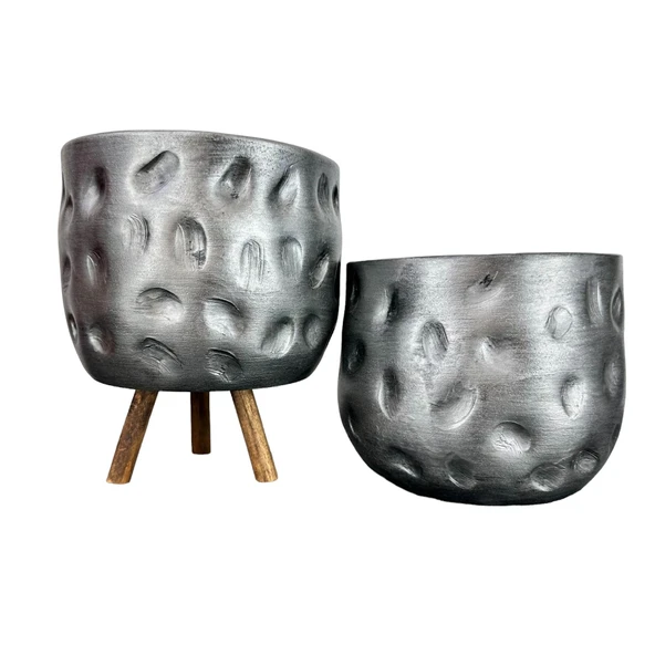 Bitki Tasarımı  Gümüş Desenli Toprak Saksı Saksılık Salon Çiçeklik İkili Set Ayaksız - 3 Ayaklı- 19 CM ürün görseli 1