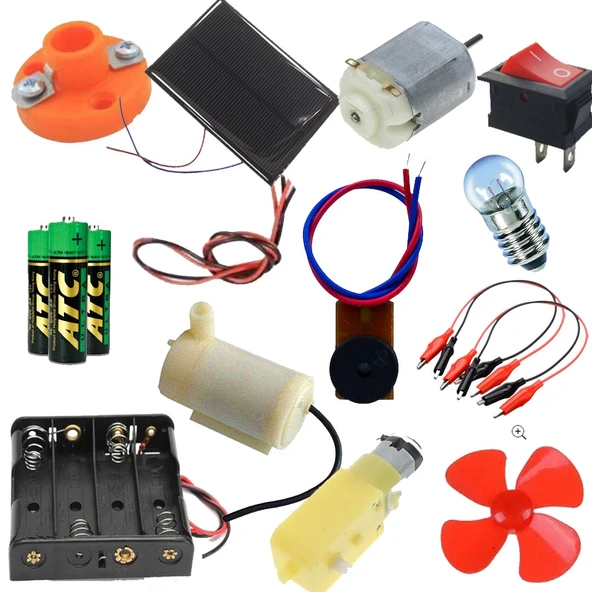 Okul Deney Seti - 7 Güneş Paneli, Duy, Anahtar, Su Motoru, Pil, Redüktörlü Dinamo Motor Full Set ürün görseli 1