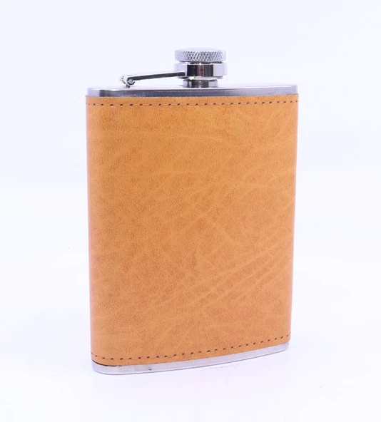 Turuncu Deri Kaplama Cep Matarası/Flask 8 OZ - Resim 2